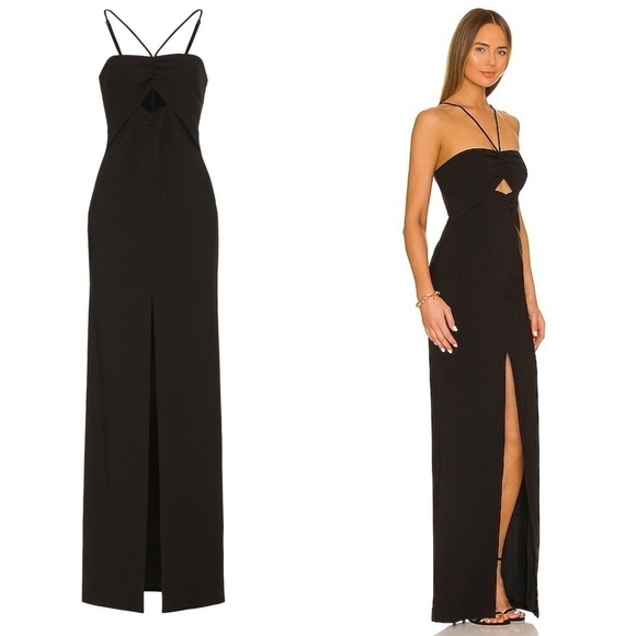 LIKELY Ruched Halter Neck Cutout Bodice Sleeveless Front Slit Column Maxi Gown 8 - Picture 8 of 9